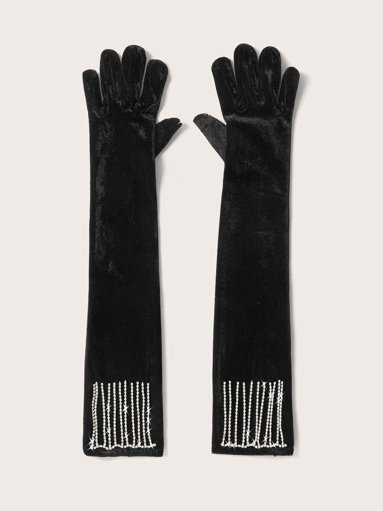 Rhinestone Tassel Decor Long Gloves - Black - View 1
