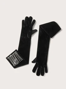 Rhinestone Tassel Decor Long Gloves - Black - View 2