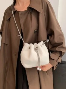Mini Faux Pearl Decor Fluffy Bucket Bag - White - View 2