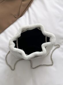 Mini Faux Pearl Decor Fluffy Bucket Bag - White - View 5