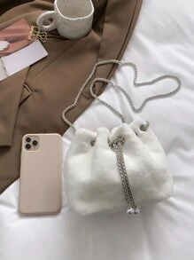 Mini Faux Pearl Decor Fluffy Bucket Bag - White - View 6