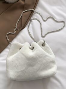 Mini Faux Pearl Decor Fluffy Bucket Bag - White - View 7