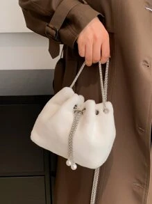 Mini Faux Pearl Decor Fluffy Bucket Bag - White - View 8