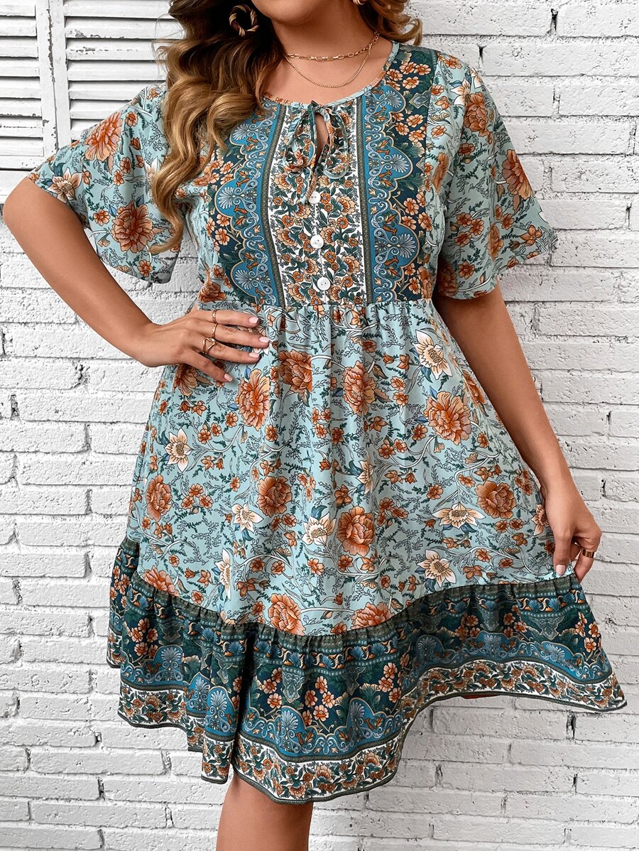 SHEIN Holidaya Vestido con estampado floral de cuello con cordón bajo con fruncido - Azul menta - Ver 1