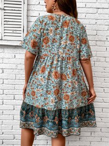 SHEIN Holidaya Vestido con estampado floral de cuello con cordón bajo con fruncido - Azul menta - Ver 2