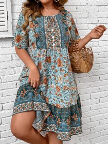 SHEIN Holidaya Vestido con estampado floral de cuello con cordón bajo con fruncido - Azul menta - Ver 3