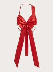 Bow Front Satin Halter Teddy Bodysuit - Red - View 1