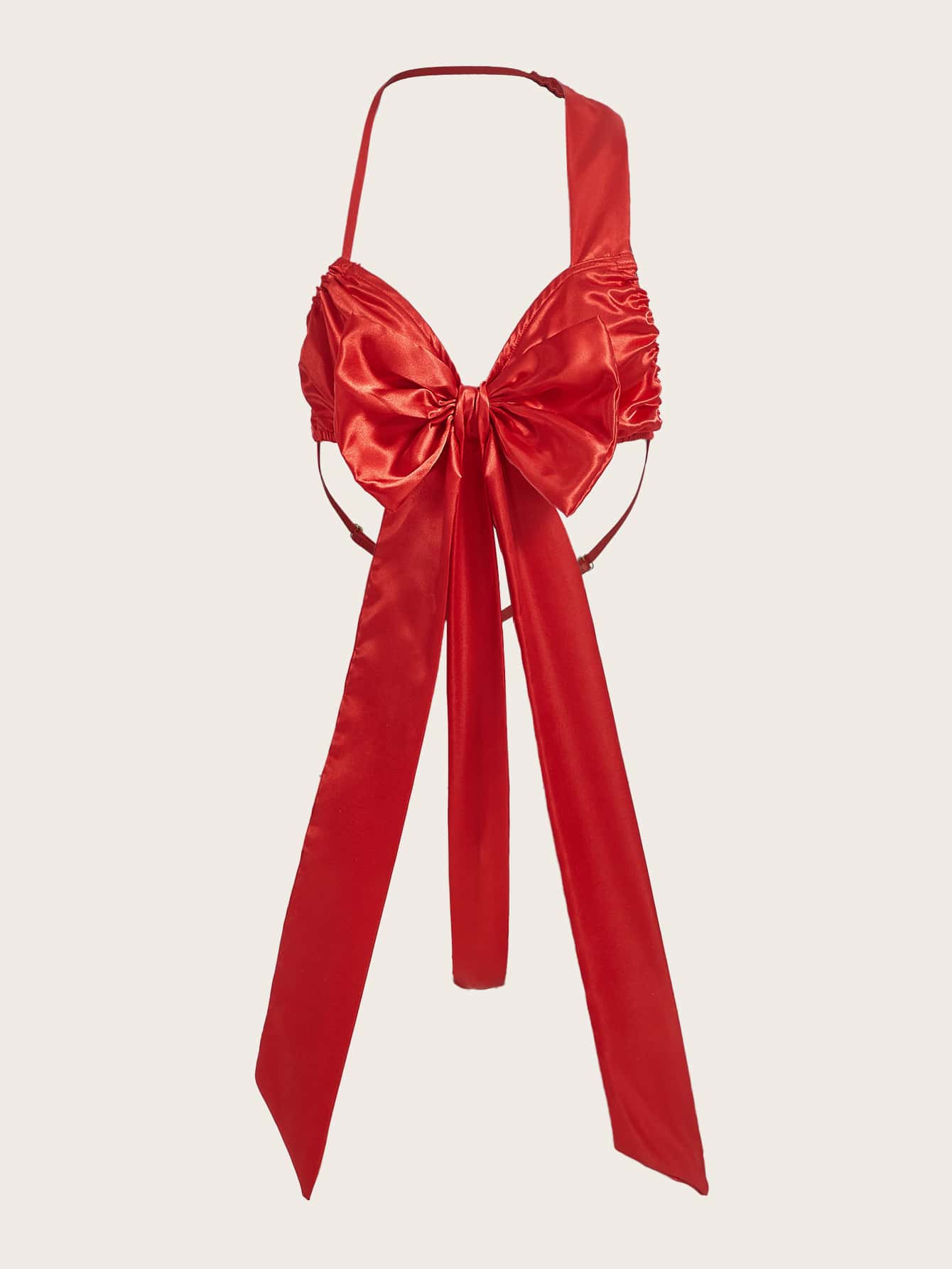 Bow Front Satin Halter Teddy Bodysuit - Red - View 1