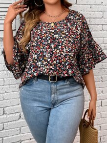 Calvaya Plus Allover Print Flounce Sleeve Blouse - Multicolor - View 1
