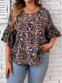 Calvaya Plus Allover Print Flounce Sleeve Blouse - Multicolor - View 5