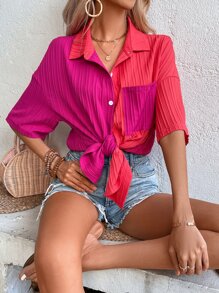 SHEIN Essnce 雙色落肩袖口袋貼布襯衫 - 彩色 - 查看 2