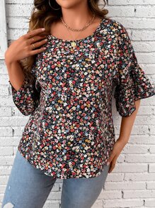 Calvaya Plus Allover Print Flounce Sleeve Blouse - Multicolor - View 6