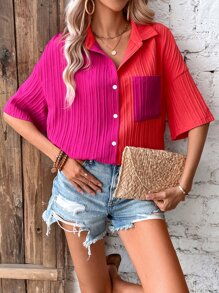 SHEIN Essnce 雙色落肩袖口袋貼布襯衫 - 彩色 - 查看 4