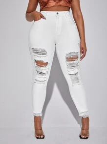 SHEIN SXY Plus High Waist Ripped Raw Hem Skinny Jeans - White - View 3