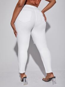 SHEIN SXY Plus High Waist Ripped Raw Hem Skinny Jeans - White - View 2