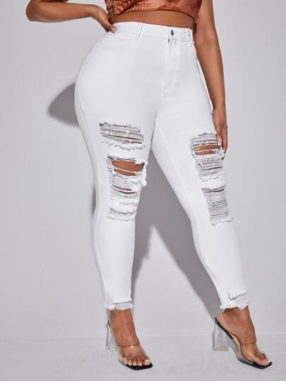 SHEIN SXY Plus High Waist Ripped Raw Hem Skinny Jeans