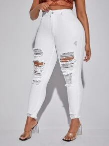 SHEIN SXY Plus High Waist Ripped Raw Hem Skinny Jeans - White - View 4