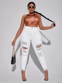 SHEIN SXY Plus High Waist Ripped Raw Hem Skinny Jeans - White - View 5