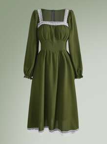 ROMWE Fairycore Contrast Lace Square Neck Flounce Sleeve Dress - Army Green - View 2