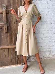 Calvaya Đầm Thắt nút Uốn nếp Nút phía trước màu trơn Giải trí - Màu Khaki - Xem 1