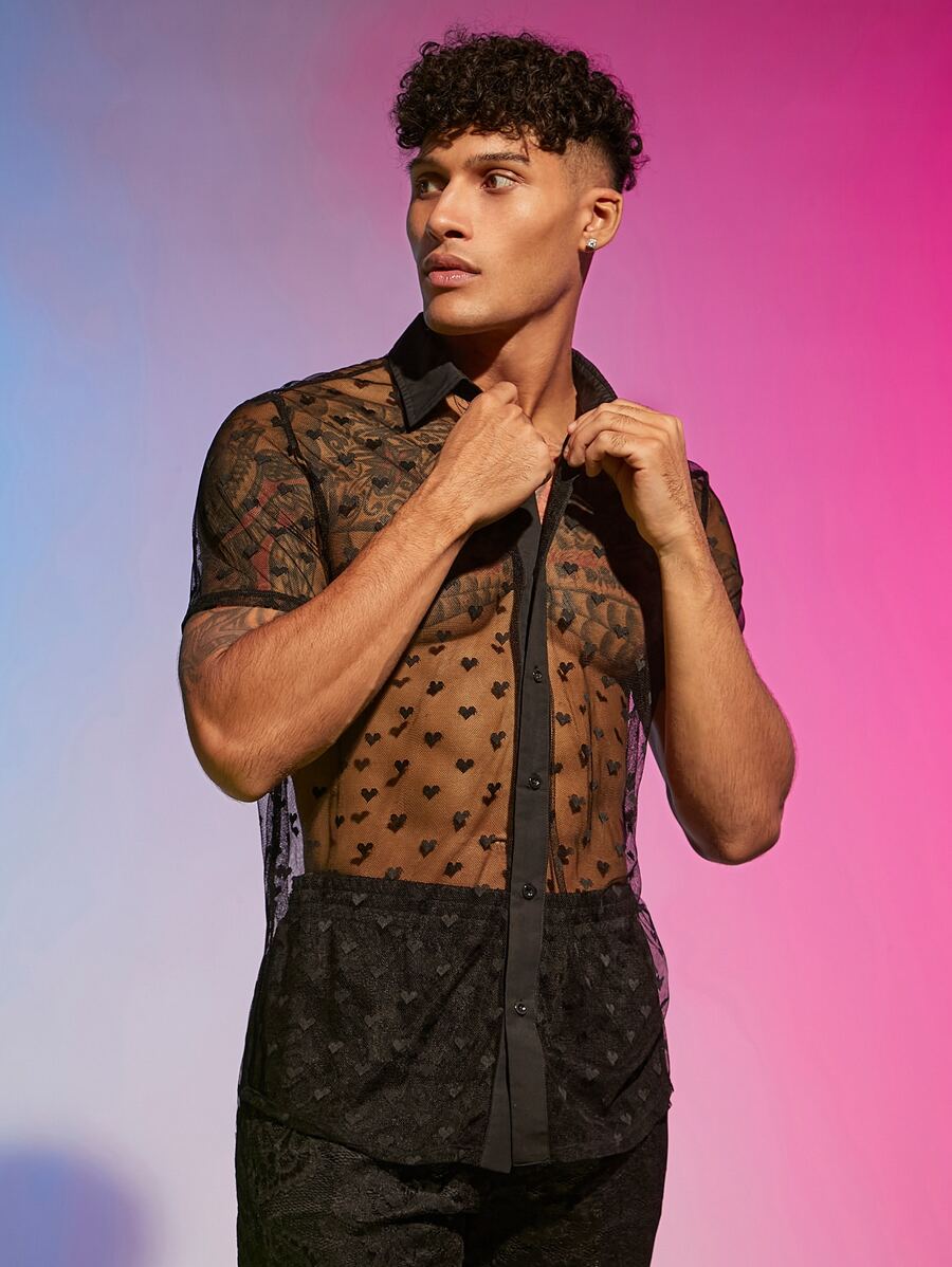 Manfinity Men Heart Sheer Mesh Shirt - Black - View 1