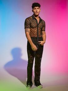 Manfinity Men Heart Sheer Mesh Shirt - Black - View 3