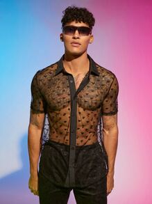 Manfinity Men Heart Sheer Mesh Shirt - Black - View 5