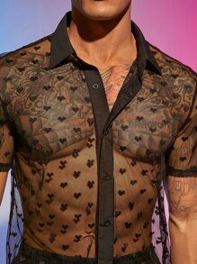 Manfinity Men Heart Sheer Mesh Shirt - Black - View 6