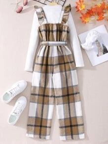 Girls Plaid Print Ruffle Trim Belted Jumpsuit & Tee - Multicolor - View 2