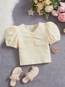 SHEIN Chicas Top de manga farol fruncido delantero - Beis - Ver 1