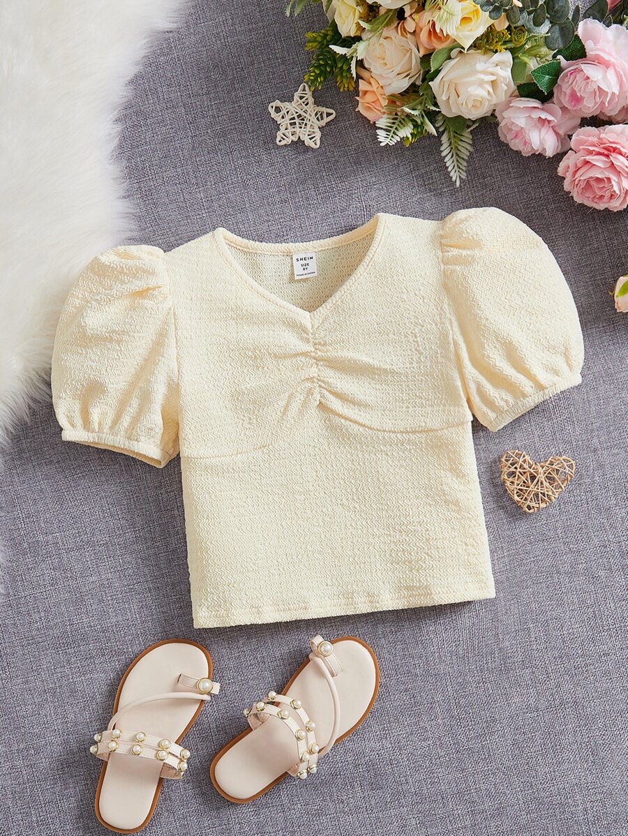 SHEIN Chicas Top de manga farol fruncido delantero - Beis - Ver 1