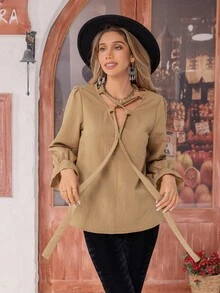 Rusttydustty Tie Front Flounce Sleeve Top - Camel - View 4