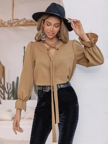 Rusttydustty Tie Front Flounce Sleeve Top - Camel - View 5