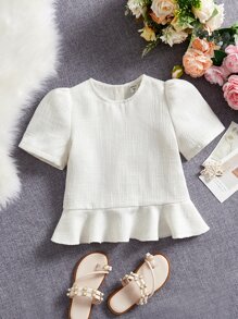 SHEIN Chicas Blusa peplum con botón delantero bajo con fruncido de manga farol - Beis - Ver 1