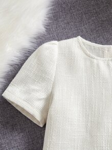 SHEIN Chicas Blusa peplum con botón delantero bajo con fruncido de manga farol - Beis - Ver 4