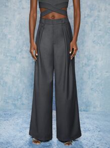 SHEINNeu Fold Pleated Wide Leg Trousers - Grey - View 1