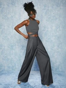 SHEINNeu Fold Pleated Wide Leg Trousers - Grey - View 4