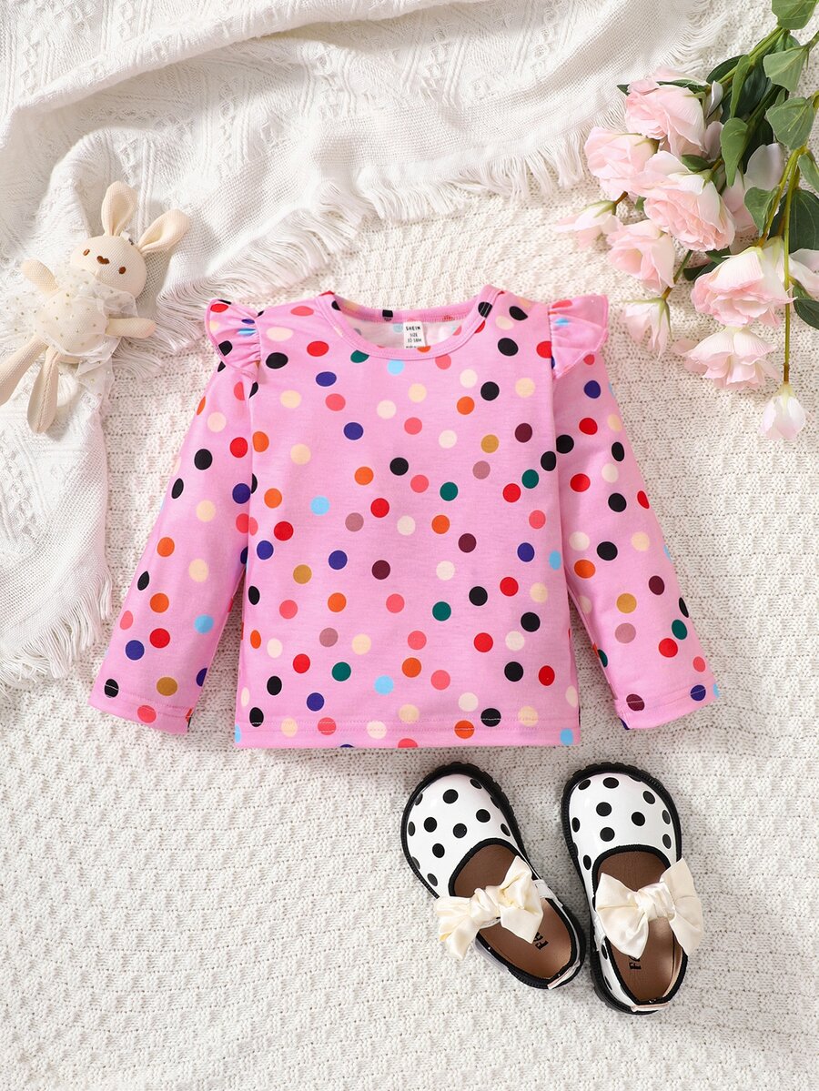 Bebé Camiseta con estampado de lunares ribete con fruncido - Rosa - Ver 1