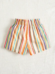 SHEIN Tween 女童松紧腰荷叶边下摆蝴蝶结彩色条纹印花短裤，夏季 - 彩色 - 查看 2