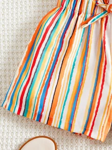 SHEIN Tween 女童松紧腰荷叶边下摆蝴蝶结彩色条纹印花短裤，夏季 - 彩色 - 查看 3