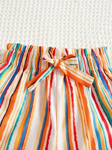 SHEIN Tween 女童松紧腰荷叶边下摆蝴蝶结彩色条纹印花短裤，夏季 - 彩色 - 查看 4