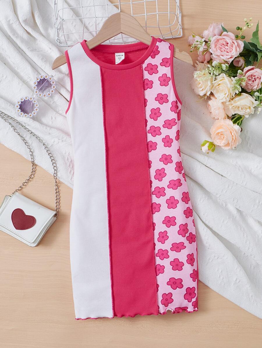 SHEIN Đầm Gái Gân đan Xù nhỏ Khối Màu Hoa Giải trí - Nhiều màu - Xem 1