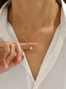 1pc Stainless Steel Water Drop Shaped Stone Pendant Necklace, Golden - Yellow Gold - View 6