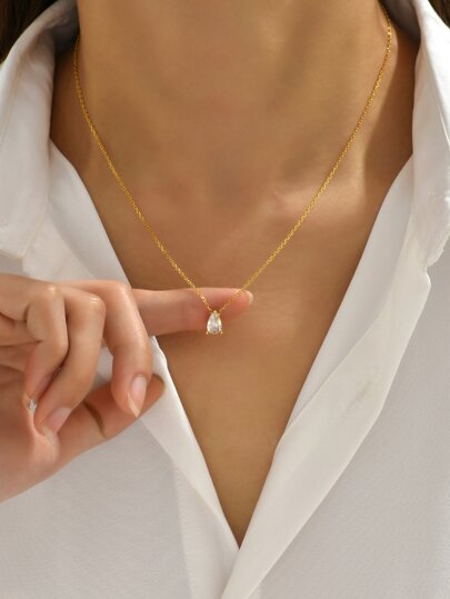 1 pieza Collar con colgante de piedra con forma de gota de agua de acero inoxidable, color dorado