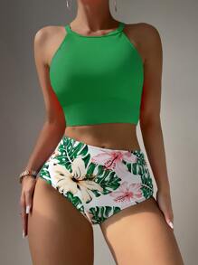 SHEIN Swim Summer Beach Random Tropical Print High Waist Bikini - Multicolor - View 6