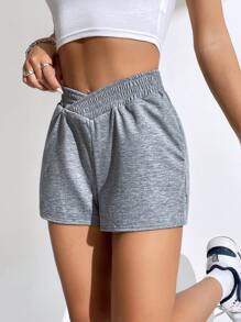 SHEIN EZwear 腰部交疊段染運動短褲 - 淺灰色 - 查看 5