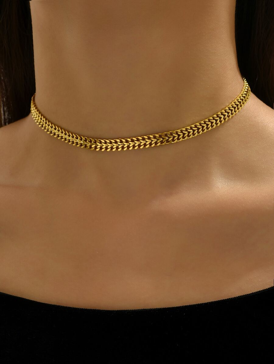 18k Gold Plated 1pc , Charming, Fashionable & Versatile Stainless Steel Chain With Simple Personalized And Grid Design, Ideal For Daily Wear And Festival Gift, Best Friend Gifts - Yellow Gold - View 1