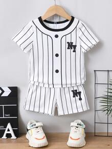 Young Boy White Letter Striped Sporty Casual Regular Sleeve Polo Shirt And Shorts 2pcs/set For Summer - White - View 1