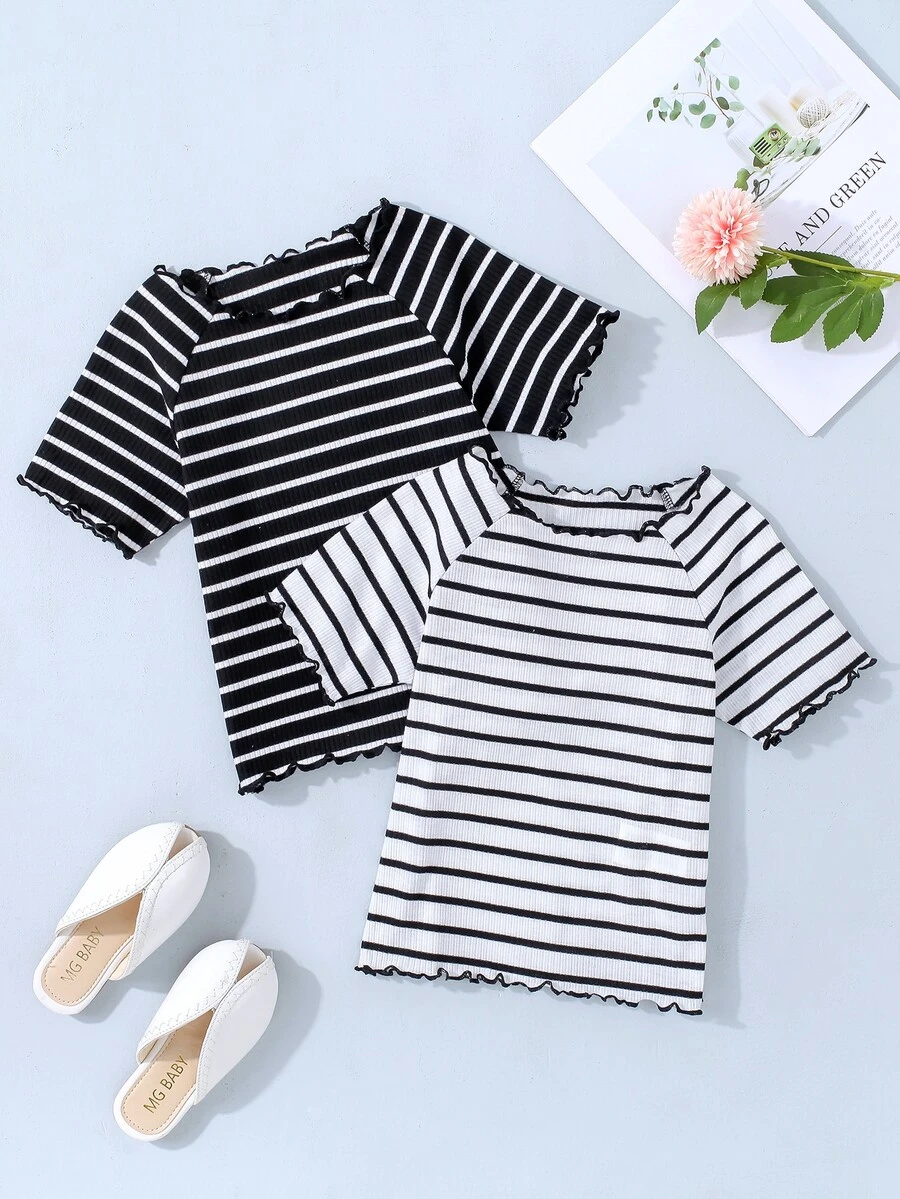 SHEIN Toddler Girls 2pcs Striped Lettuce Trim Tee - Black and White - View 1