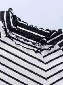 SHEIN Toddler Girls 2pcs Striped Lettuce Trim Tee - Black and White - View 3